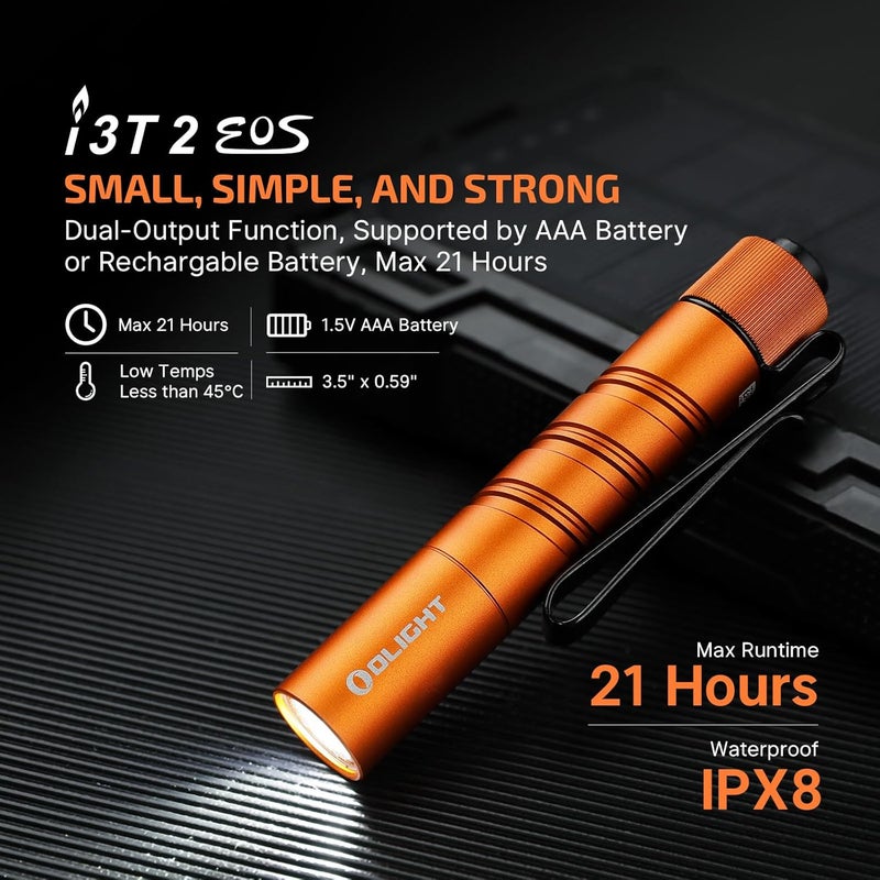 OLIGHT I3T 2 EOS Pocket EDC Flashlight, 200 Lumens Compact Bright Handheld Flash Lights, Dual-Output Tail Switch with AAA Battery and Two-Way Pocket Clip for Camping and Hiking (Orange) - Image 2